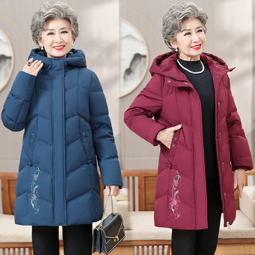 奶奶装羽绒服60岁70岁中老年人女装中长款刺绣加肥加大码外套厚妈