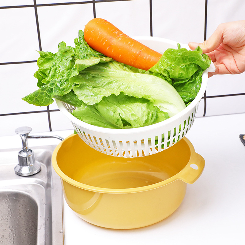 Double-Layer Vegetable Washing and Draining Basket Large Vegetable Washing Plastic Basin Kitchen Vegetable Fruit Basket Draining Basket Draining Basin Taobao Dish Sieve