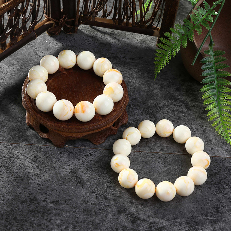 二代琥珀蜜蜡单圈奶白飘黄花金丝文玩佛珠手串抛光男女款景区手链