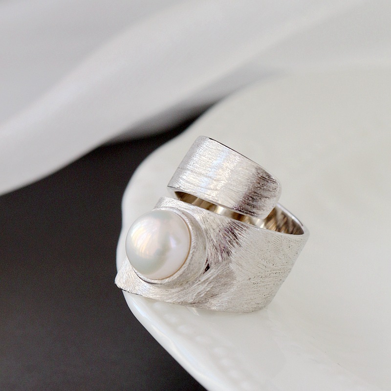纳福阁银饰批发 镶天然珍珠拉丝银戒指 时尚创意开口925纯银戒子