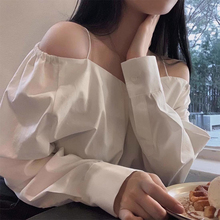 韩国chic春季新款气质百搭一字领露肩吊带宽松长袖纯色衬衫上衣女