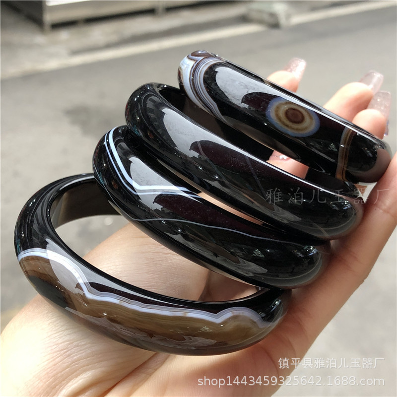 天然黑玛瑙手镯天然纹路飘花玉镯黑玛瑙手镯黑玉髓扁条玉镯可过检