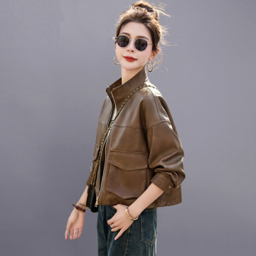 美拉德皮衣外套女短款2024春新款小个子立领复古休闲pu皮机车夹克