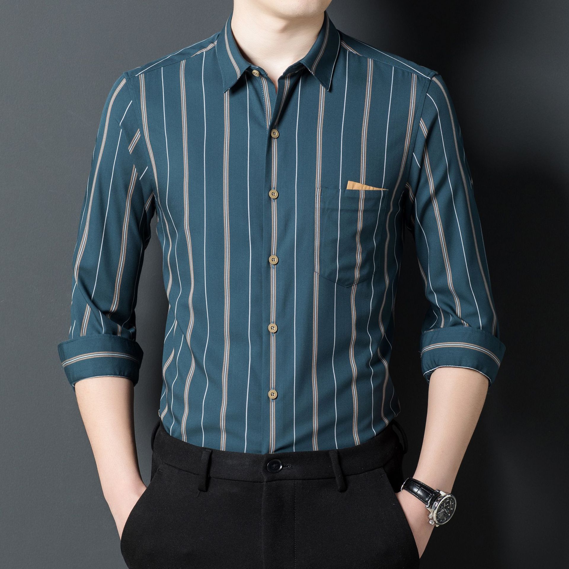 长袖衬衫男秋季新款免烫黑色商务正装时尚感男士休闲条纹衬衣