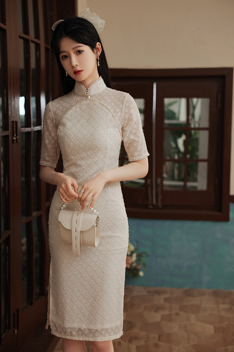 春夏新品中袖雪纺提花旗袍 小清新甜美珍珠边少女旗袍中长款旗袍