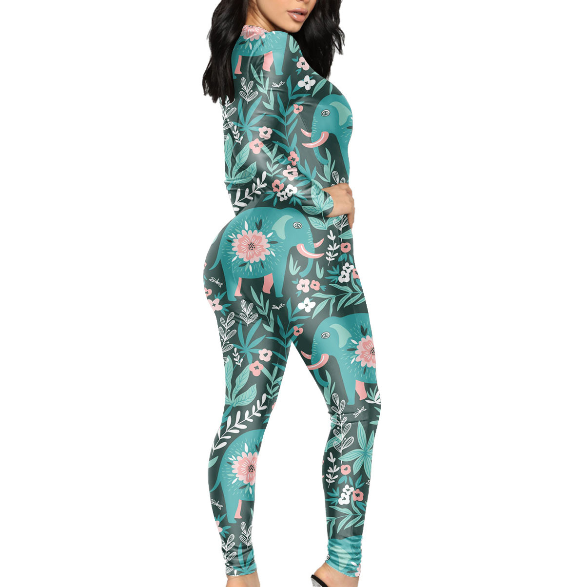 来图定制v领长袖连体裤可爱树懒印花碎花连体衣性感紧身大码代发