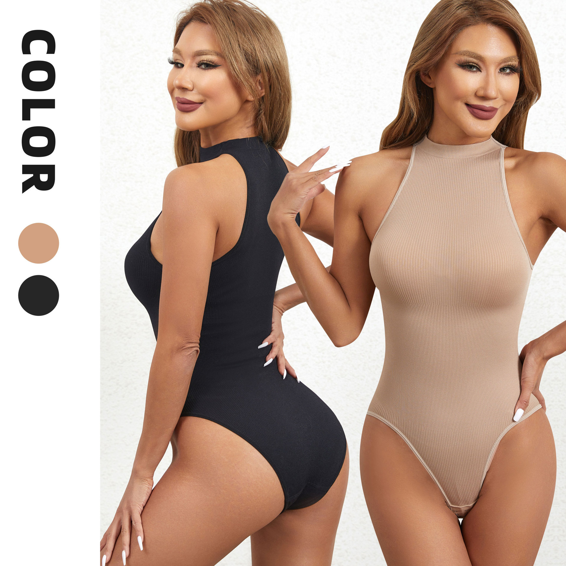 Cross-Border New Arrival Women's round Neck Sleeveless Outerwear Bottoming Breasted Tights Belly Contracting Jumpsuit T-Shaped Corset