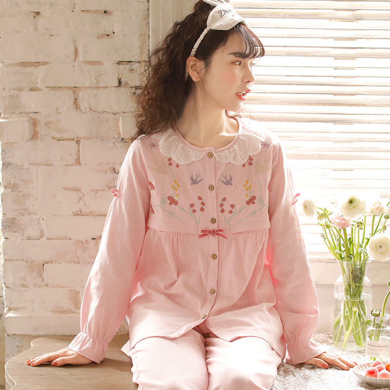 春夏季纱布月子服薄款横开口孕妇睡衣春秋产后哺乳家居服