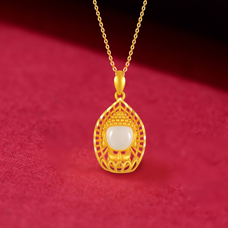 新款正品光环佛项链女925银开心小玉佛金镶玉观音吊坠锁骨链送礼