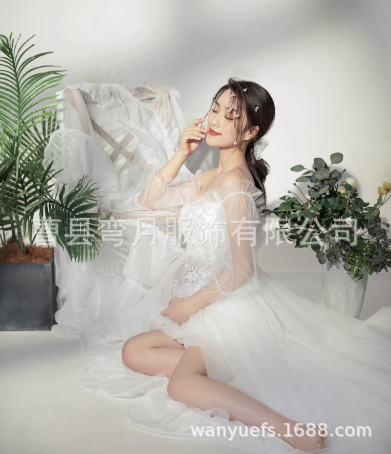 孕妇拍照纱裙影楼孕期大肚照性感写真透视礼服白婚纱孕期摄影服装