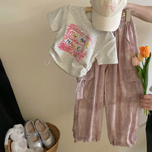 女童字母短袖上衣2024夏女宝宝T恤扎染工装裤两件套儿童韩版衣服