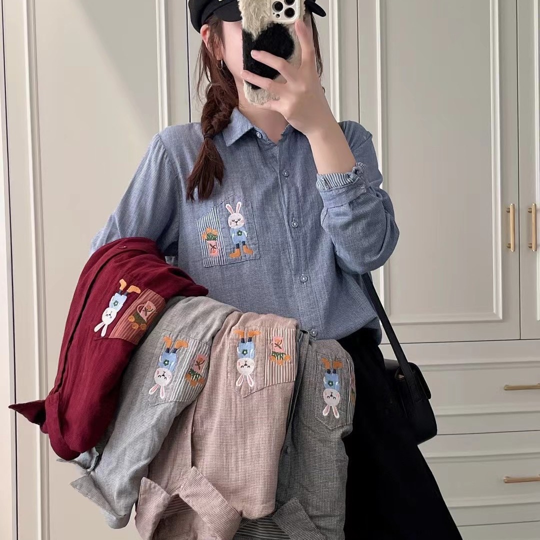 假口袋兔子格纹衬衫2024春新款日系森女系文艺简约翻
