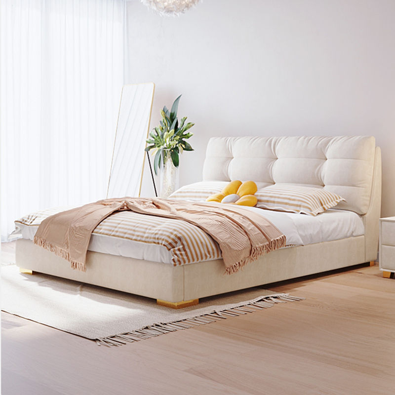 科技布实木床轻奢ins风布艺双人大床奶油系网红床家用女生卧室床