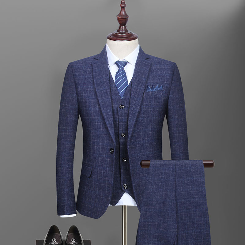 外贸货源 时尚格子西服套装男 2021春季新款青年结婚礼服伴郎西装