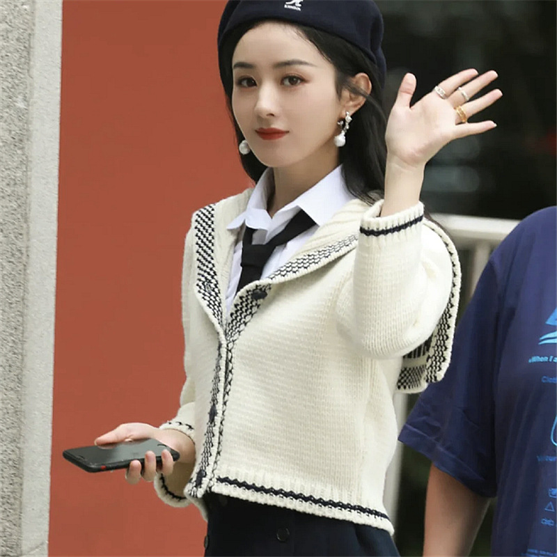 赵丽颖同款d家系列撞色长袖海军领开衫翻领毛衣短款外套女羊毛衫