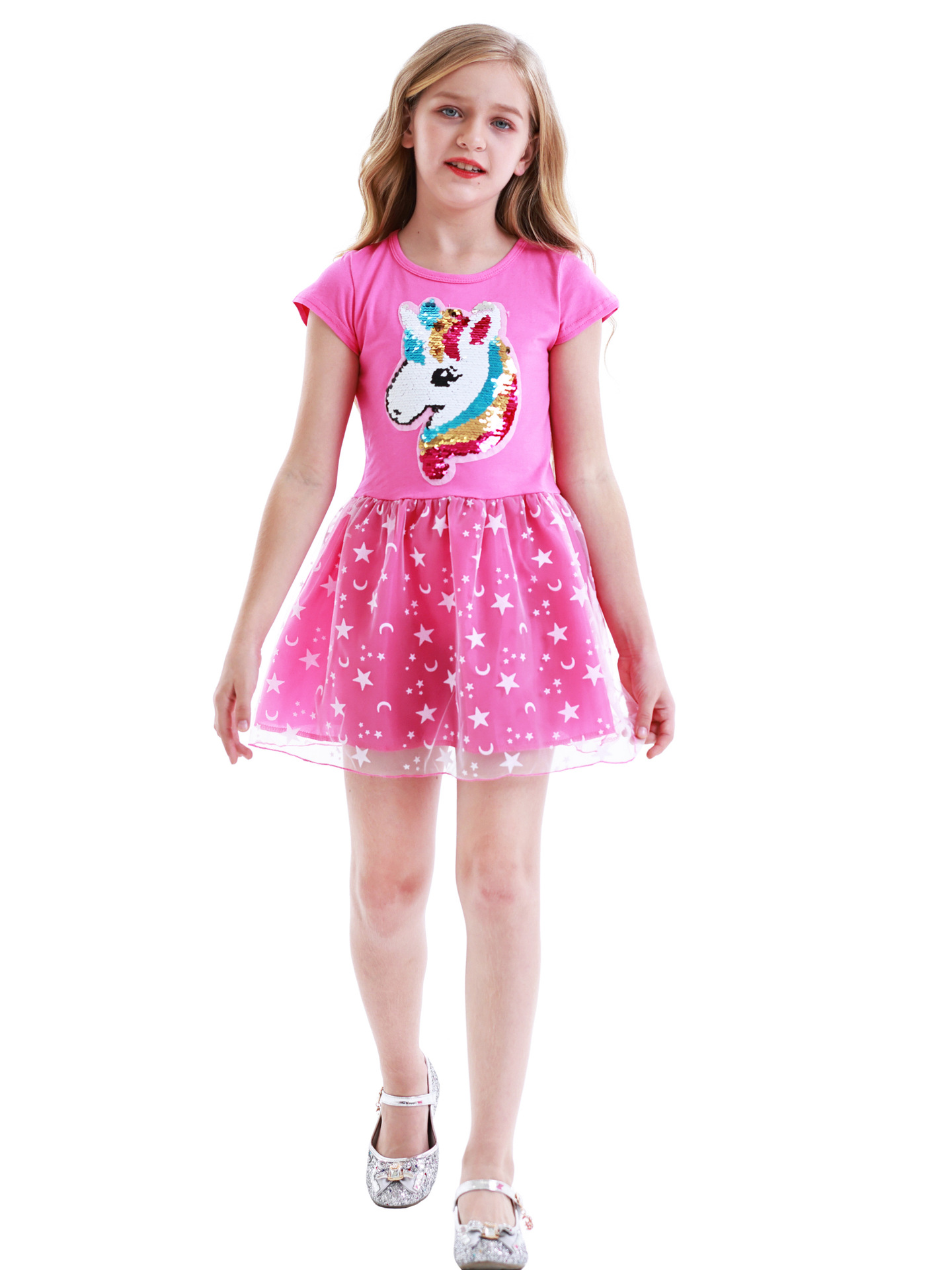 欧美女童网纱裙3-8岁儿童蓬蓬裙亮片卡通图案短袖裙子gauze skirt