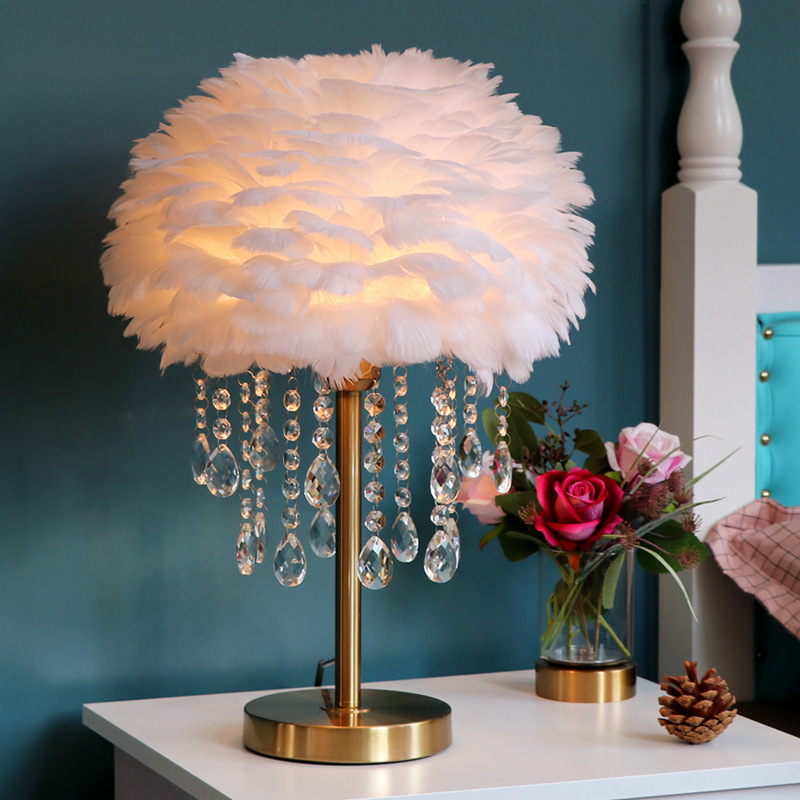 Crystal Lamp Bedroom Ins Girly Simplicity Modern Creative Nordic Feather Light Cozy and Romantic Wedding Bedside Lamp