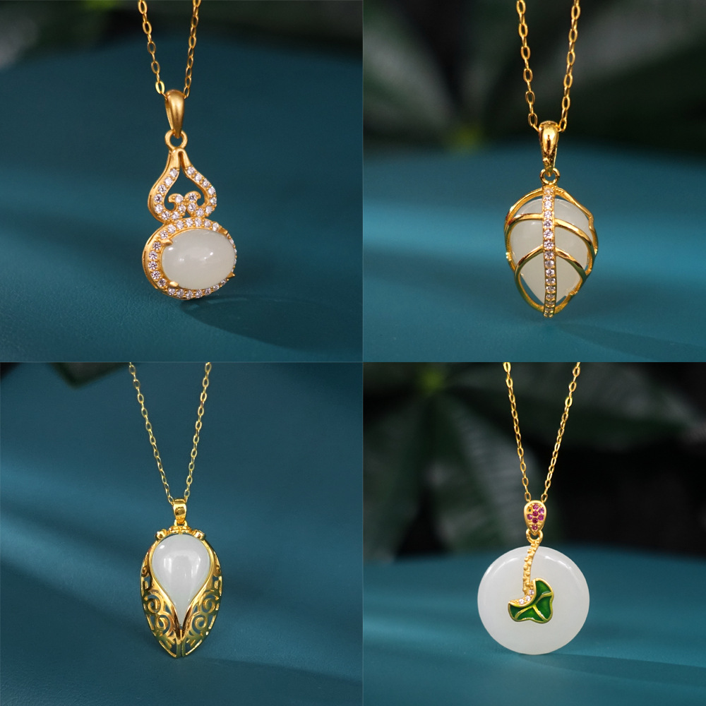 0成交441件古法银金镶和田玉小白兔子吊坠女款镶嵌玉兔奔月项链直播