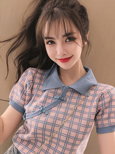 夏季中国风复古盘扣设计POLO领网红针织衫格子短袖T恤旗袍小上衣