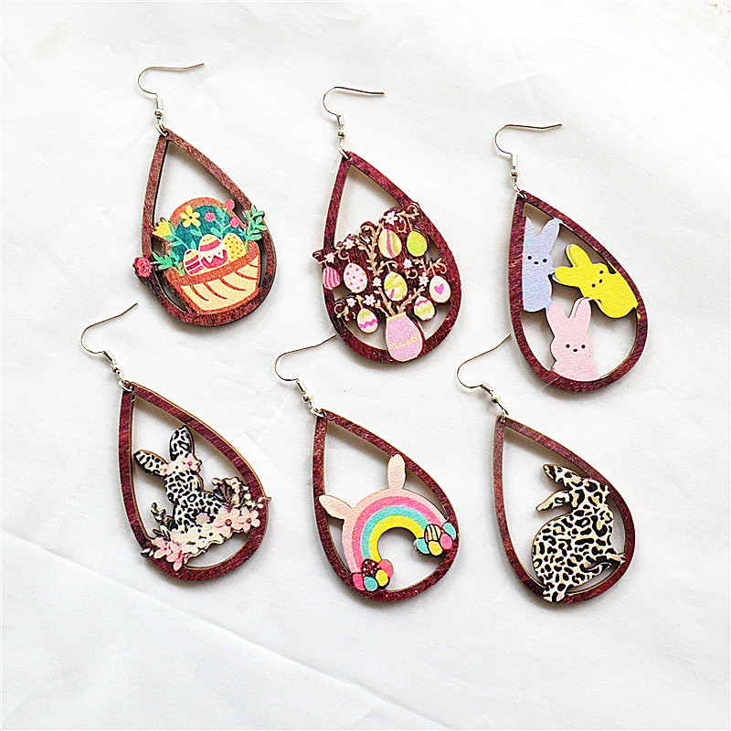 europe and america cross border amazon wooden easter earrings water drop hollow personality exaggerated painted leopard print graceful earrings