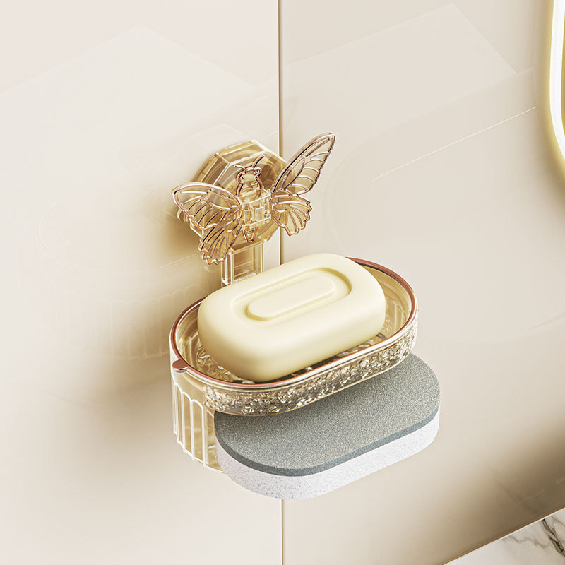 Light Luxury Butterfly Suction Soap Box Can Be Used for Many Times Wall-Mounted Kitchen Bathroom Punch-Free Drain Box Storage Rack