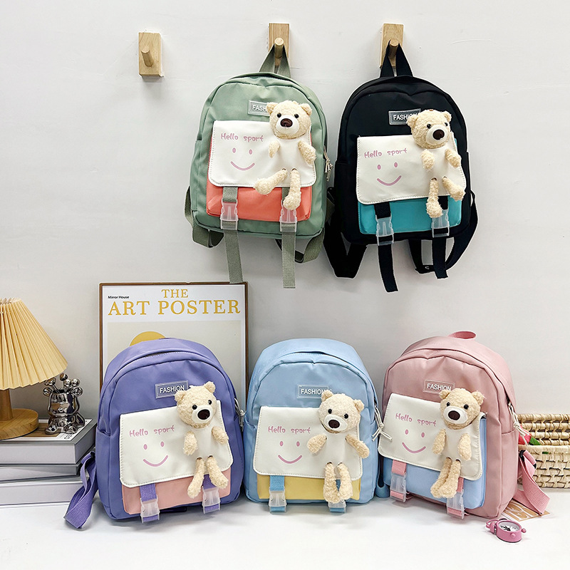 Children's Simplicity Bear Schoolbag 2023 New Fashion Color Contrast Primary School Backpack Cute Baby Kindergarten Backpack