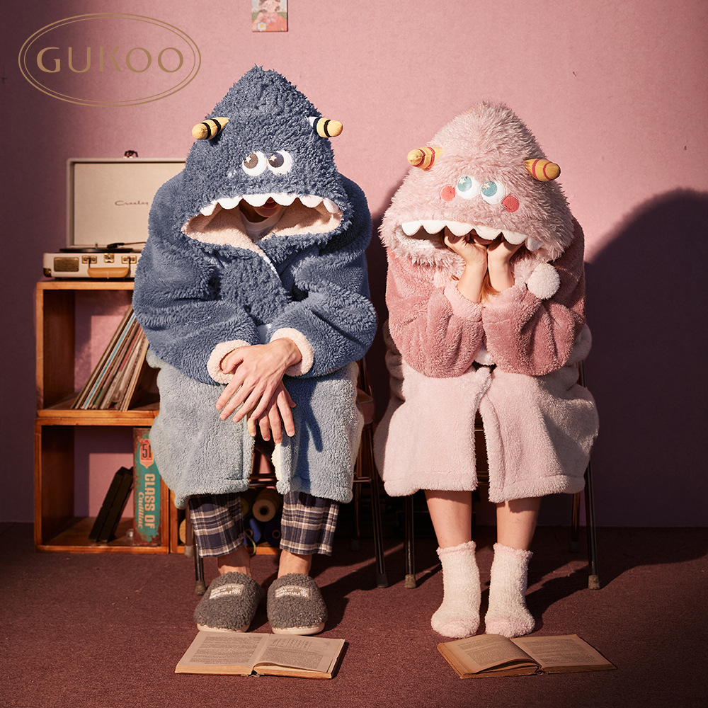 新款卡通小怪兽睡衣女秋冬珊瑚绒情侣睡袍冬季保暖家居服可外穿
