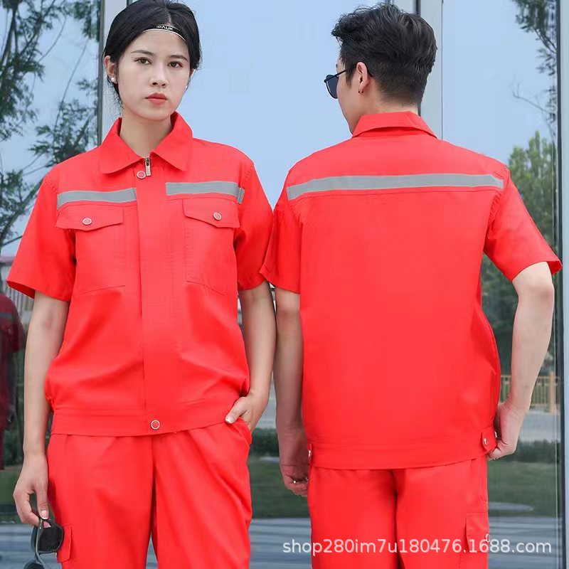 Summer Short-Sleeved Overalls Suit Men's and Women's Garage Work Suit Construction Site Workshop Factory Clothing Labor Overalls Reflective Stripe Uniform