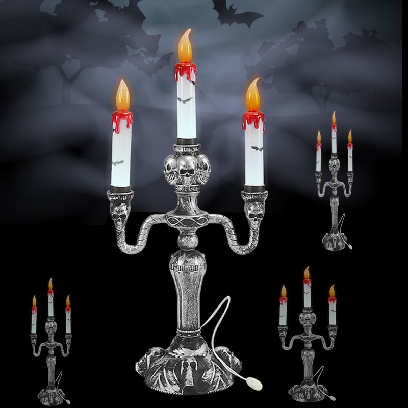 仿真发光三头骷髅头蜡烛灯台欧式复古万圣节鬼节影视酒吧舞会装饰