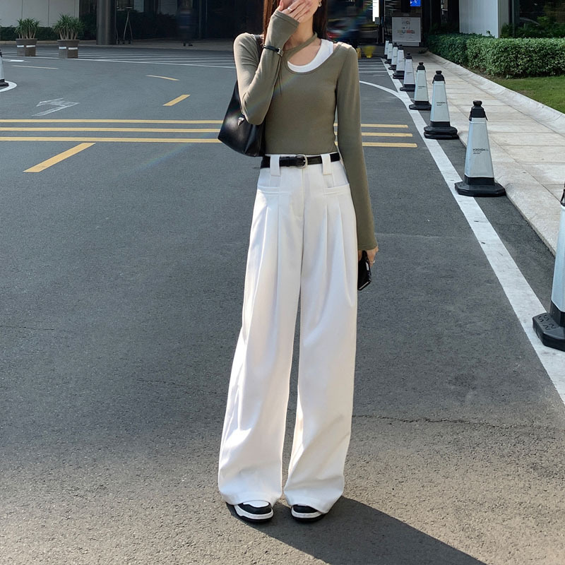 Meis White Straight-Cut Suit Pants for Women 2023 Spring New High Waist Slimming Loose Mop Wide Leg Pants Casual Pants