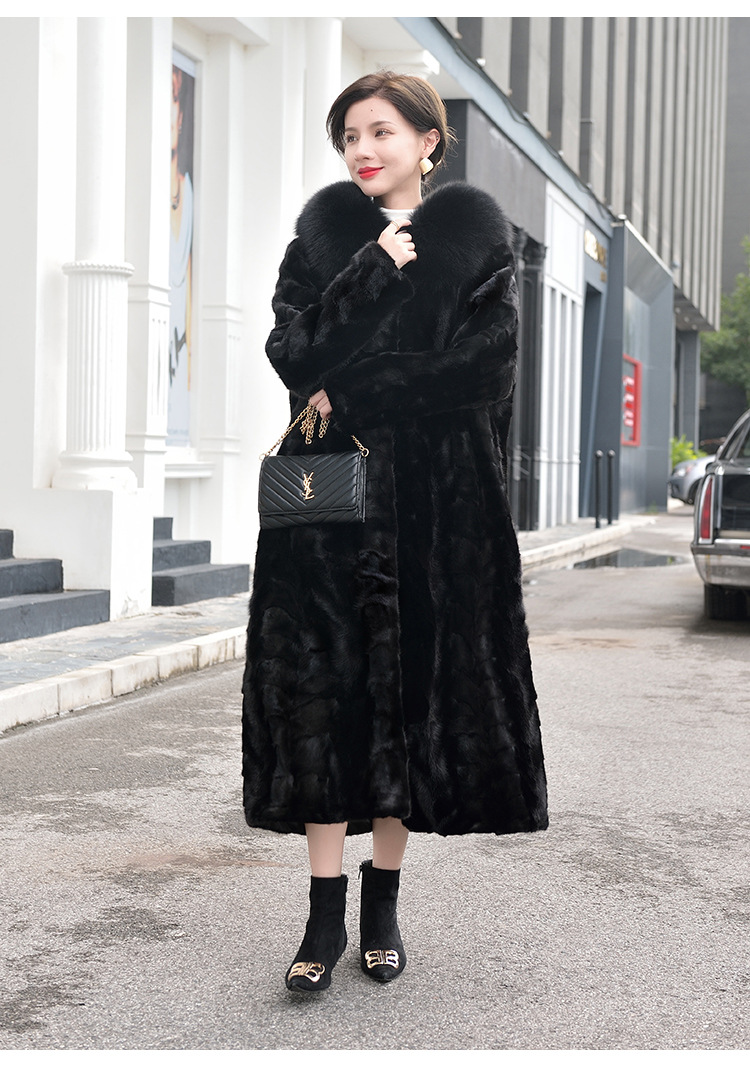 真貂皮大衣女长款连帽水貂毛拼貂女装外套海宁皮草批发新款裘皮冬