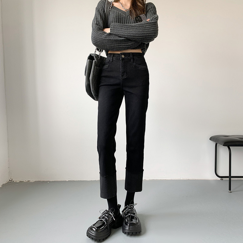 High Waist Straight Jeans for Women 2023 Spring and Autumn New Design Sense Contrast Color Flanging Loose Slim-Fit Cigarette Pants