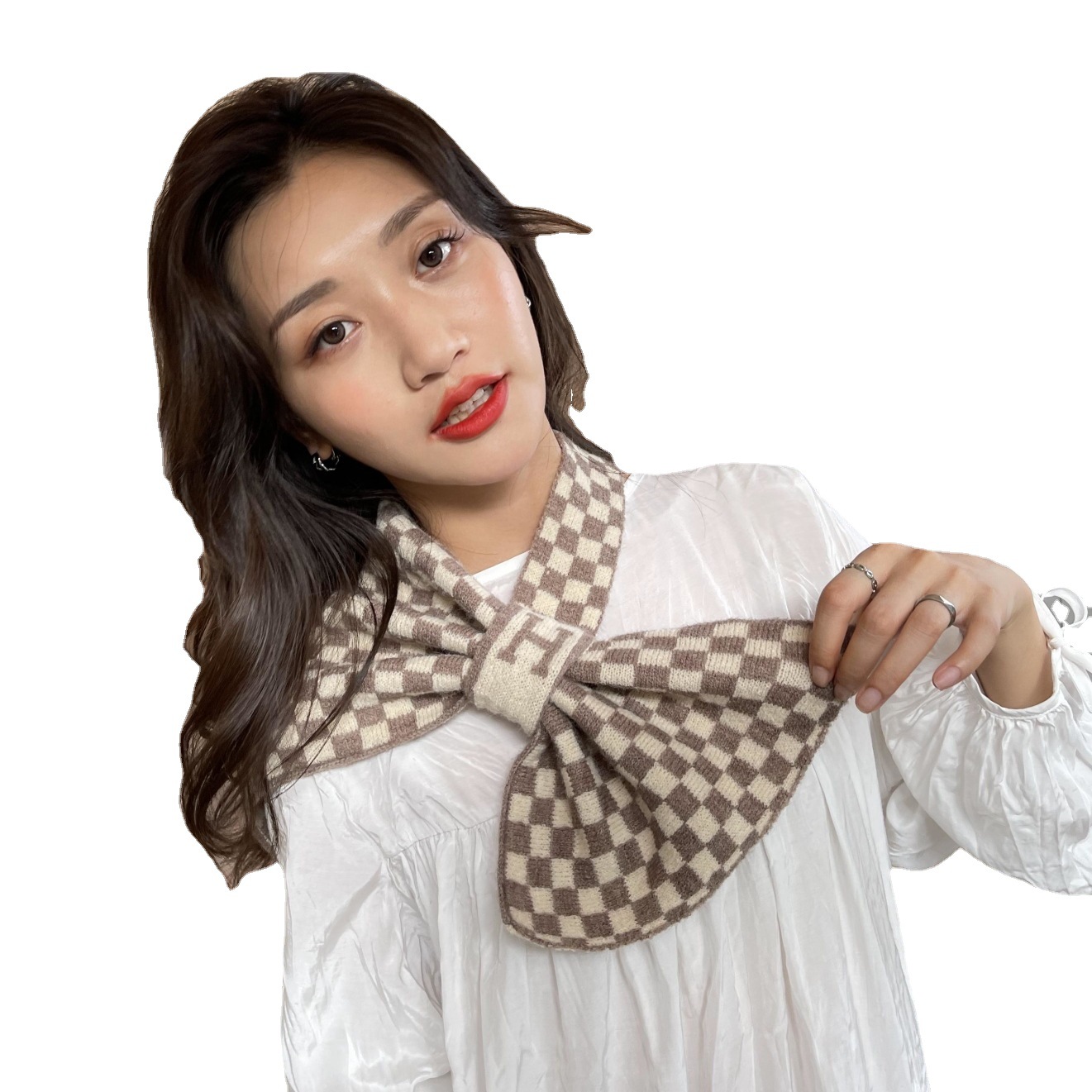2022 Trendy New Knitted Wool Chessboard Plaid Scarf Women's Autumn and Winter Warm Short Decorative Scarf Scarf