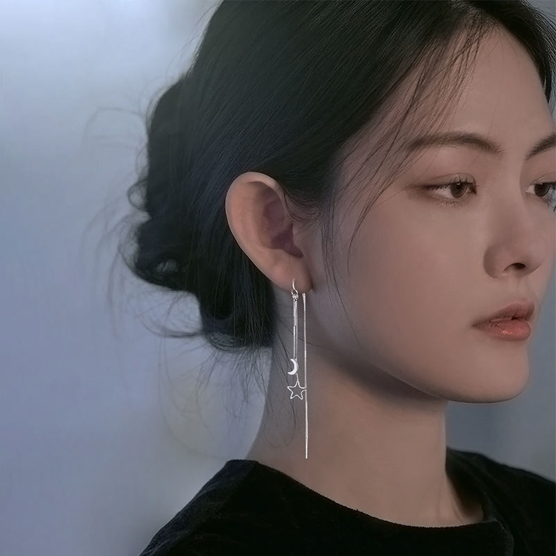 Ancient Cat Ning Face Slimming Ear Chain Long Star and Moon Earrings Elegant Female Korean Style Tassel Hollow Star Moon Hanging Earrings
