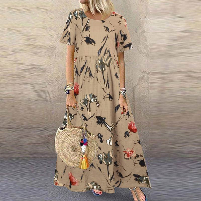 2022 Amazon Wish Independent Station Best Selling Women's Clothes Vintage Floral Print Short Sleeve round Neck Dress