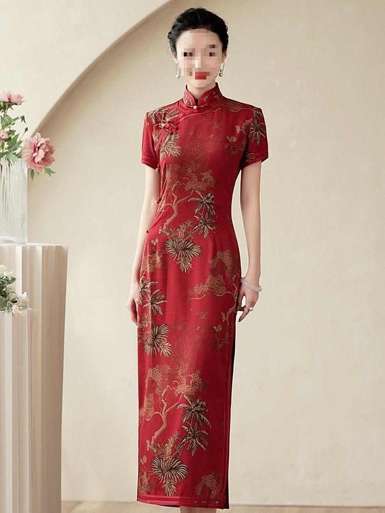 婚礼复古年盘扣妈妈双层喜婆婆旗袍改良中年新款2024大码长款短袖