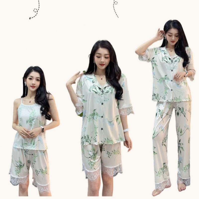 bamboo printed four-piece bedding set pajamas pajamas women‘s spring and summer lace edge ice silk thin loose fashion suit