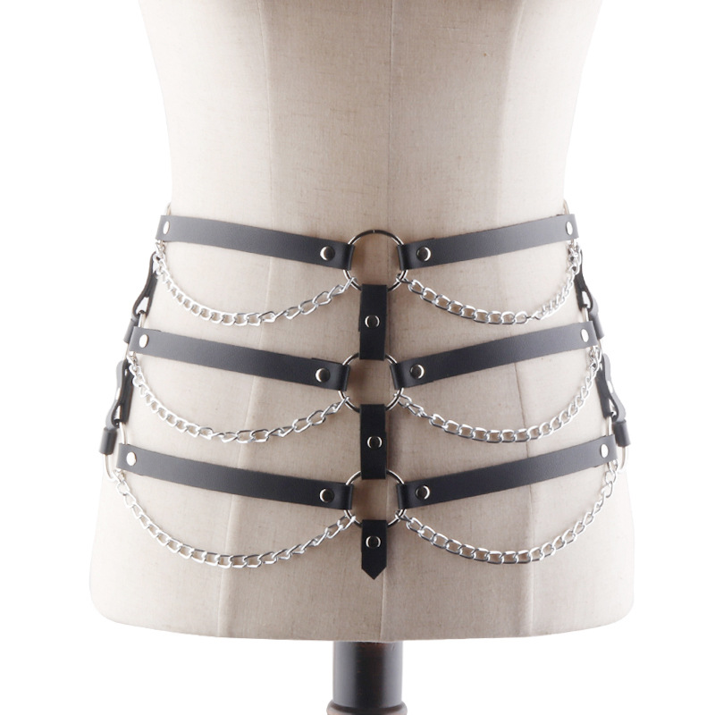 工厂直销皮革捆绑腰带 女用夜店性感镂空服饰 黑色情趣束缚衣腰链