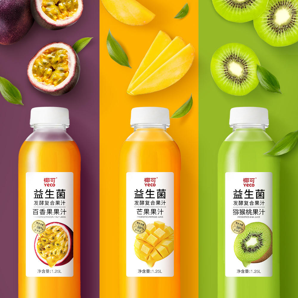 yeco益生菌发酵复合果汁饮料芒果百香果猕猴桃果味饮料1.25l*6瓶