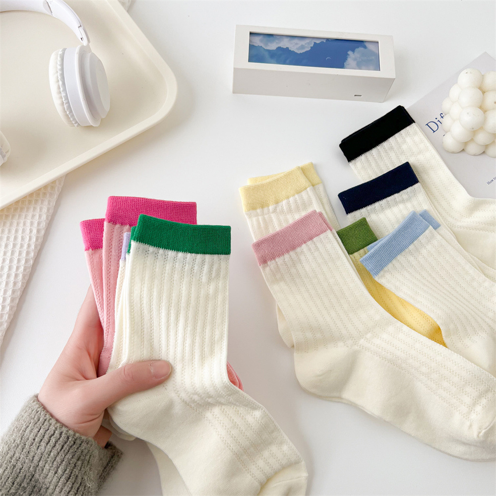 袜子女夏季薄款网眼中筒袜凉感透气夏天ins风穿搭奶白色长袜拼色