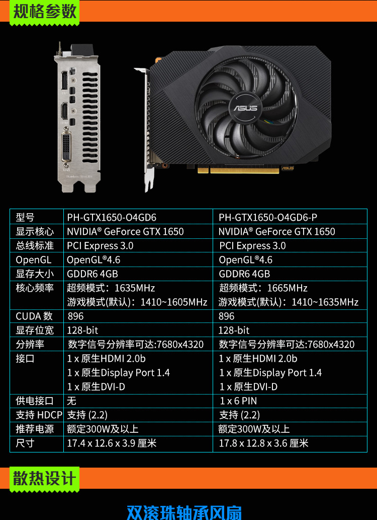 适用于华硕(asus)ph-gtx1650-o4gd6-p gddr6电竞游戏独立显卡