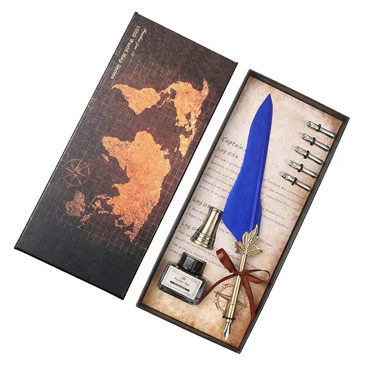 European Retro British Feather Pen Dipped in Water Pen Birthday Gift Box Creative Golden Leaf Modeling Ink Writing Brush Set