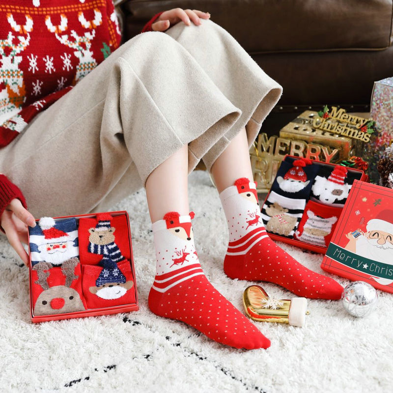 Christmas Stockings Boxed Cartoon Socks Red Gift Box Mid-Calf Female Cotton Socks Natal Year Socks Women's Autumn and Winter Three-Dimensional Women's Socks