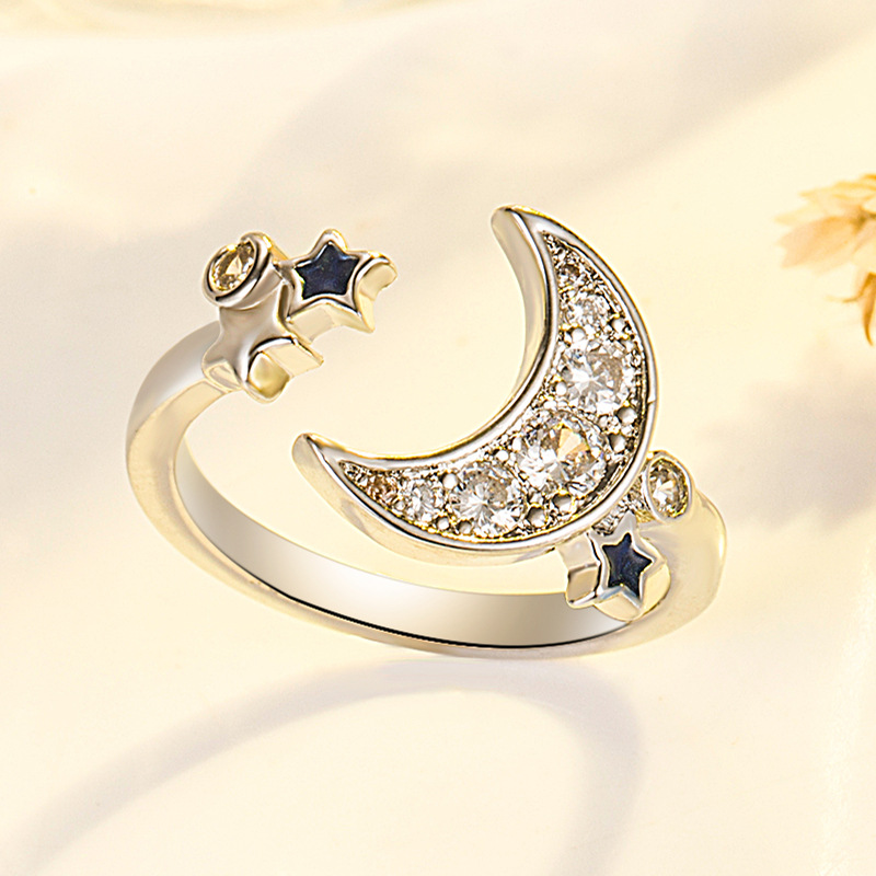 外贸 戒指女蓝色星星月亮开口戒指 女时尚饰品 梦幻星月系列戒指