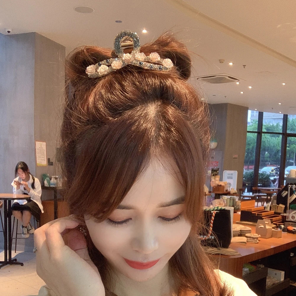 Korean Style Camellia Crystal Shark Clip Full Diamond Hair Claw Rhinestone Elegant Ponytail Big Hair Claws Half Tie Hair Plate Hair Accessories