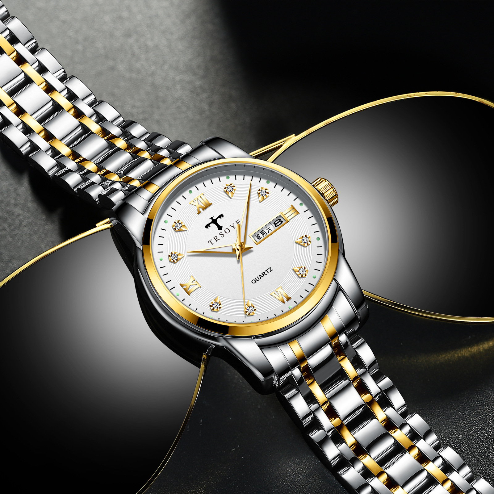 trsoye品牌商务休闲时尚腕表星期显示日历夜光防水男士手表石英表