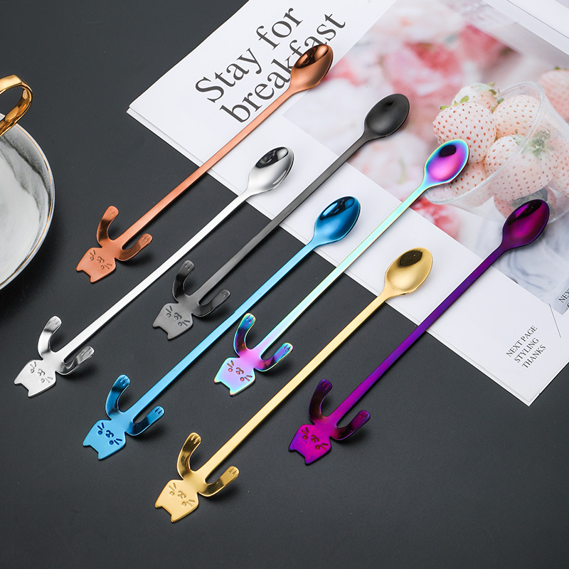 304 Stainless Steel Spoon Mark Cup Spoon Household Ice Cream Spoon Cute Cartoon Kitten Spoon Coffee Mixing Spoon