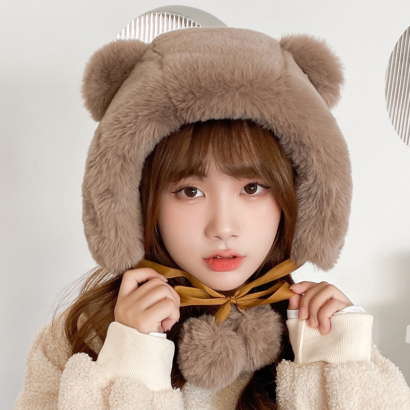 熊耳朵帽子女秋冬季甜美可爱雷锋帽韩版毛毛绒防风保暖护耳骑车帽