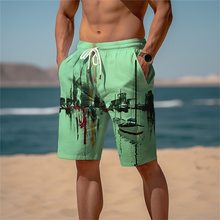 2024新款欧美夏季透气夏威夷沙滩裤外贸3D印花格子图案男式短裤