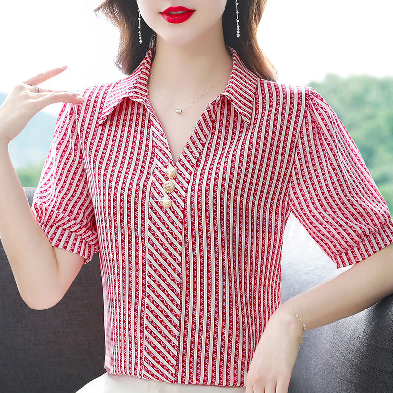 真丝衬衫女士短袖气质小衫夏新款洋气百搭衬衣遮肚桑蚕丝上衣